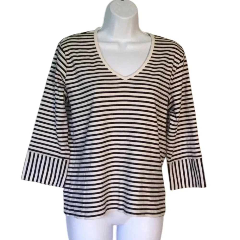 White + Warren striped v neck cotton top 3/4 sleeves nautical preppy Size L